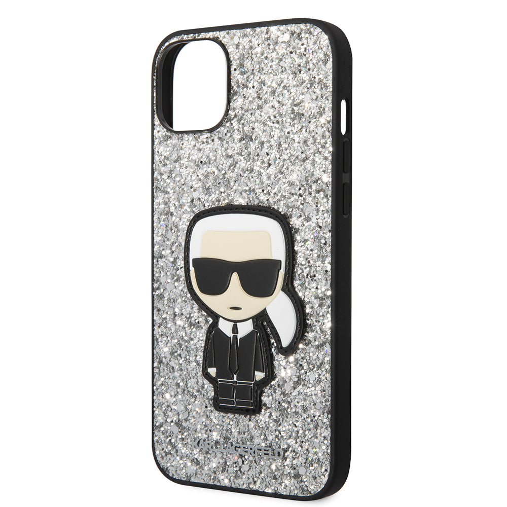 Fodral för Apple iPhone 14 Plus, Karl Lagerfeld, Glitter Flakes Ikonik Karl, Silver
