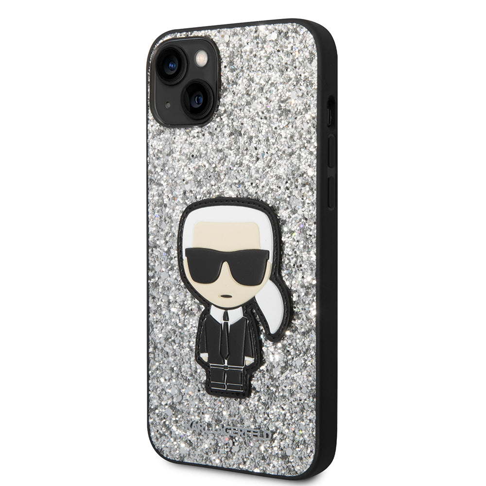 Fodral för Apple iPhone 14 Plus, Karl Lagerfeld, Glitter Flakes Ikonik Karl, Silver