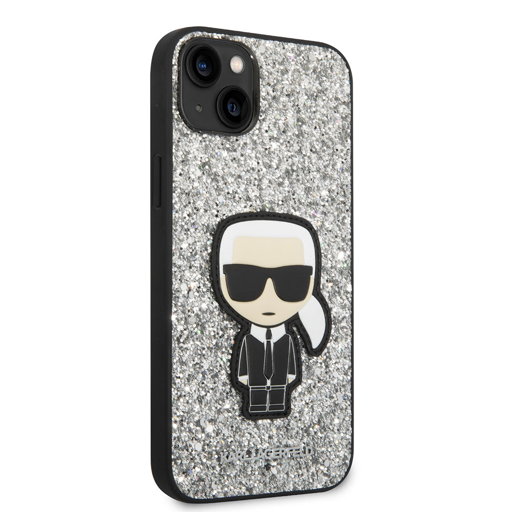 Fodral för Apple iPhone 14 Plus, Karl Lagerfeld, Glitter Flakes Ikonik Karl, Silver