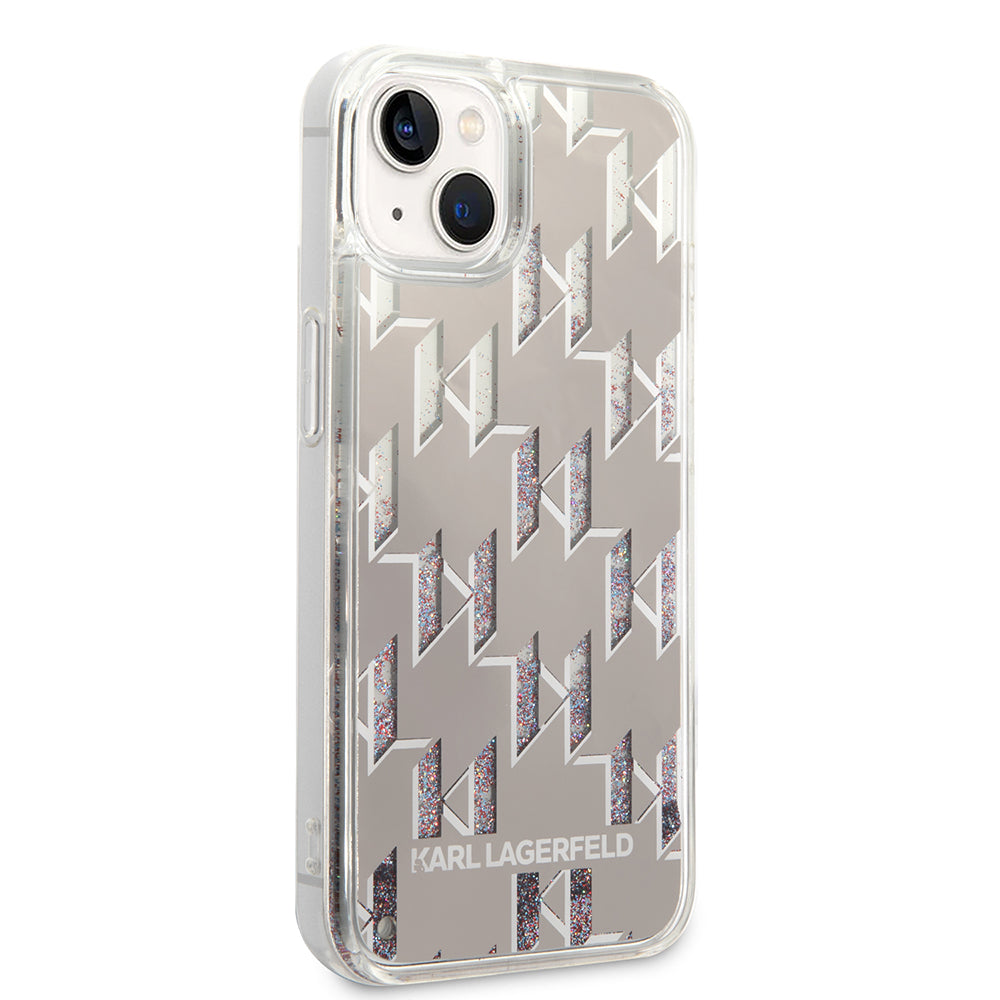 Fodral för Apple iPhone 14 Plus, Karl Lagerfeld, Liquid Glitter Monogram, Silver