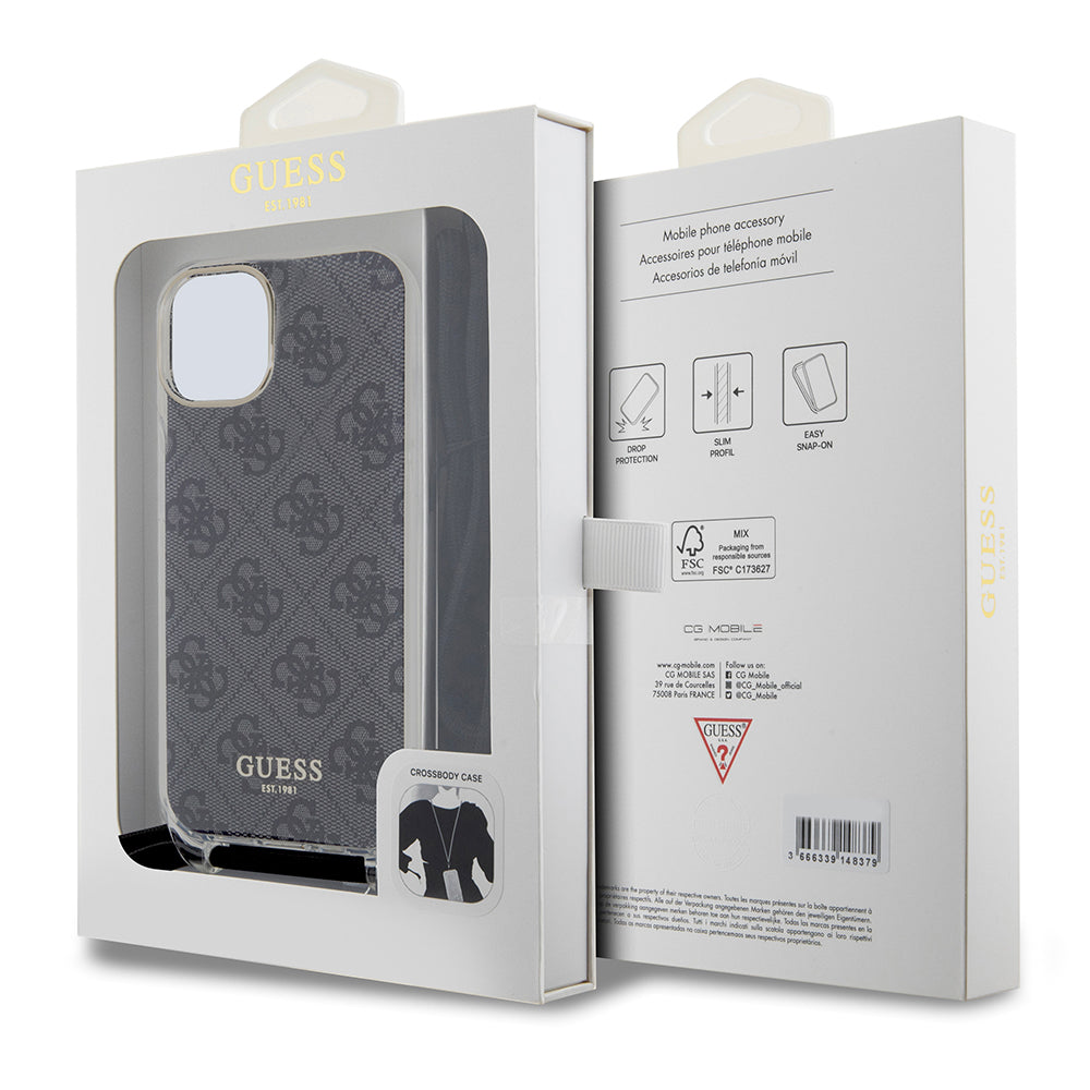 Fodral för Apple iPhone 15, Guess, 4G IML Printed Crossbody, Svart