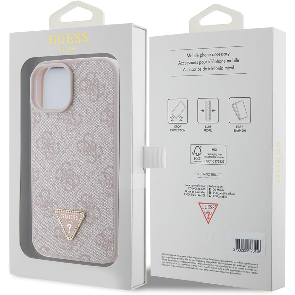 Fodral för Apple iPhone 15, Guess, 4G Triangle Strass, Rosa