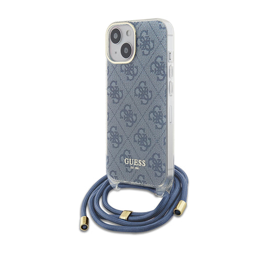 Skyddsfodral för Apple iPhone 15, Guess, Crossbody Cord 4G Print, Blå