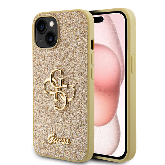 Skyddsfodral för Apple iPhone 15, Guess, Glitter Big 4G Script, Guld