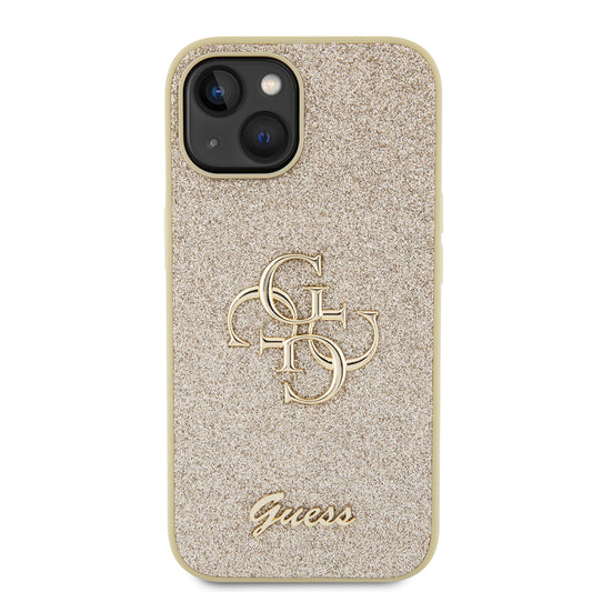 Skyddsfodral för Apple iPhone 15, Guess, Glitter Big 4G Script, Guld