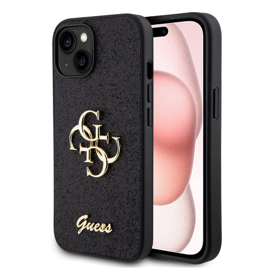 Fodral för Apple iPhone 15, Guess, Glitter Big 4G Script, Svart