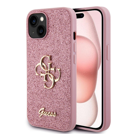 Fodral för Apple iPhone 15, Guess, Glitter Big 4G Script, Rosa