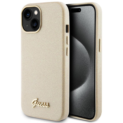 Fodral för Apple iPhone 15, Guess, Glitter Glossy Script, Beige