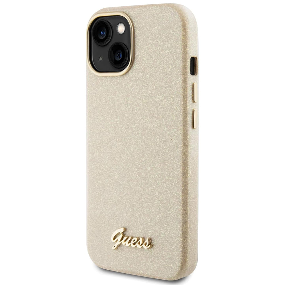 Fodral för Apple iPhone 15, Guess, Glitter Glossy Script, Beige