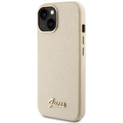 Fodral för Apple iPhone 15, Guess, Glitter Glossy Script, Beige