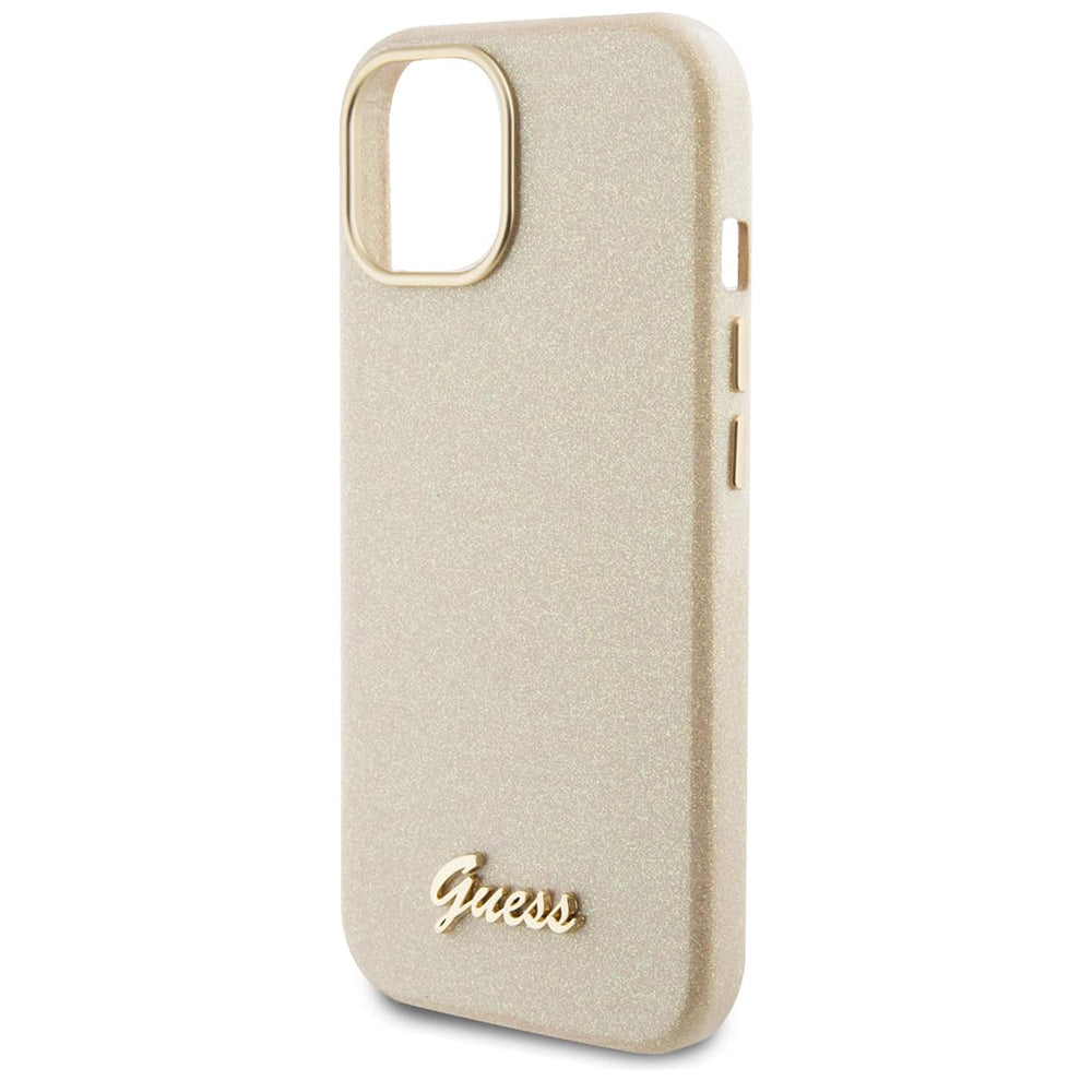 Fodral för Apple iPhone 15, Guess, Glitter Glossy Script, Beige