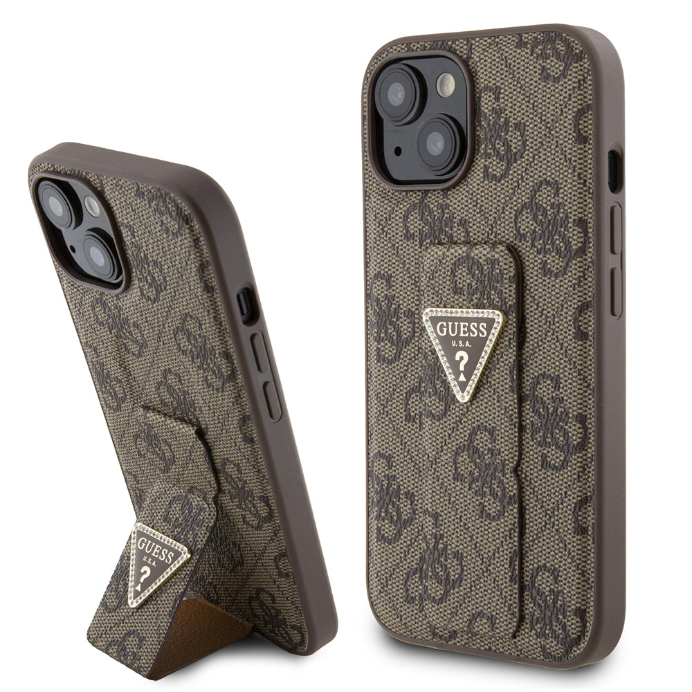 Fodral för Apple iPhone 15, Guess, Grip Stand 4G Triangle Strass, Brun