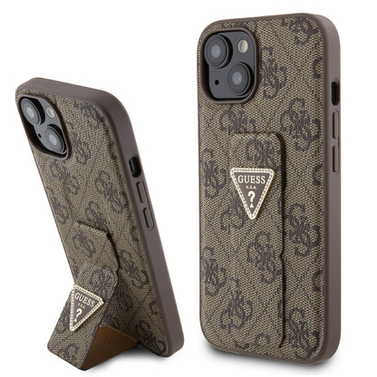 Fodral för Apple iPhone 15, Guess, Grip Stand 4G Triangle Strass, Brun
