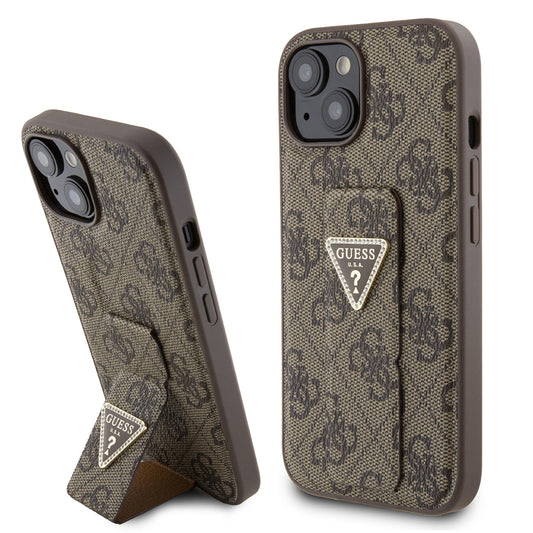 Fodral för Apple iPhone 15, Guess, Grip Stand 4G Triangle Strass, Brun