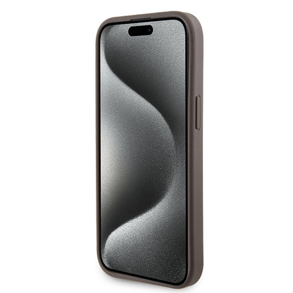 Fodral för Apple iPhone 15, Guess, Grip Stand 4G Triangle Strass, Brun