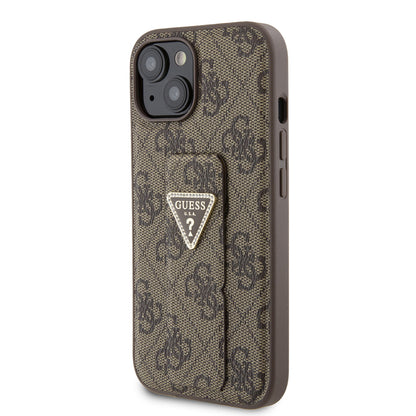 Fodral för Apple iPhone 15, Guess, Grip Stand 4G Triangle Strass, Brun
