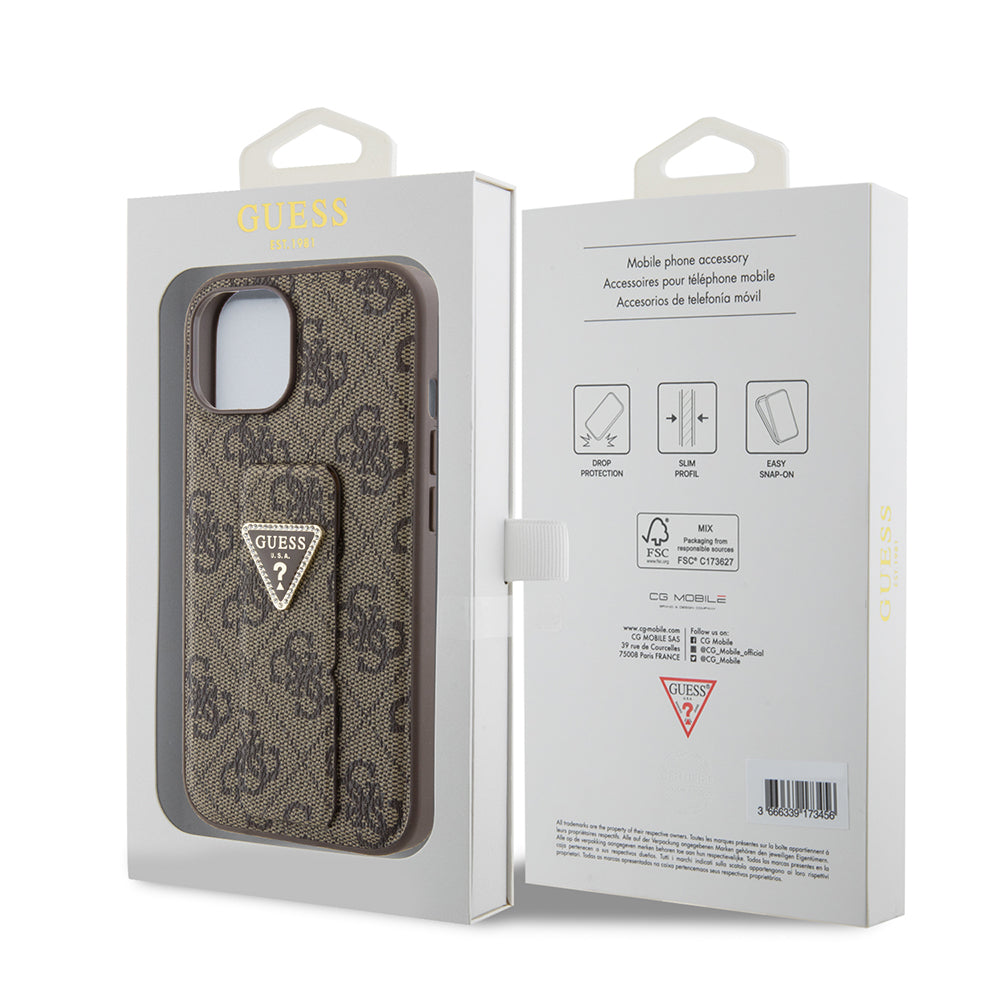 Fodral för Apple iPhone 15, Guess, Grip Stand 4G Triangle Strass, Brun