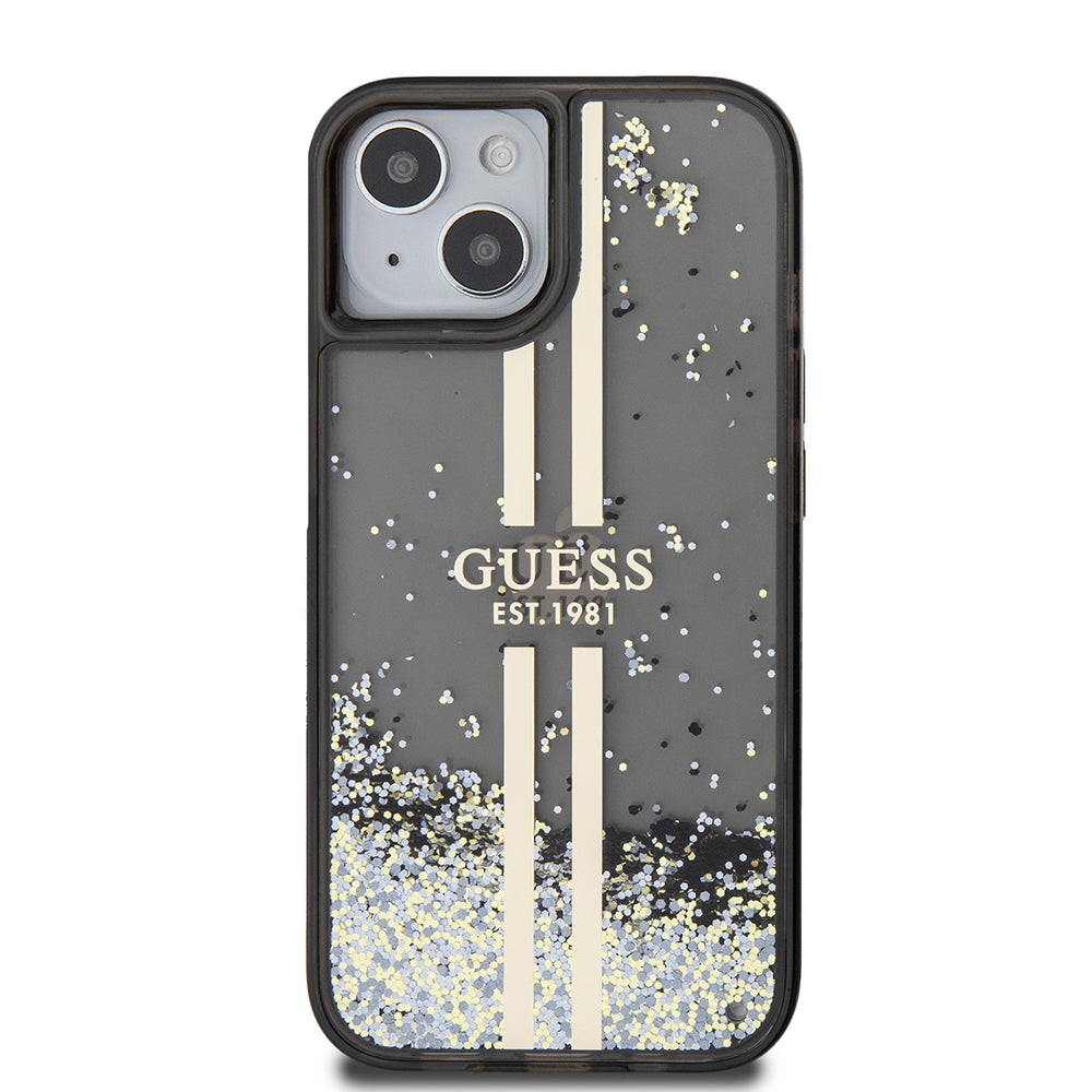 Skal för Apple iPhone 15, Guess, Liquid Glitter Gold Stripes, Svart