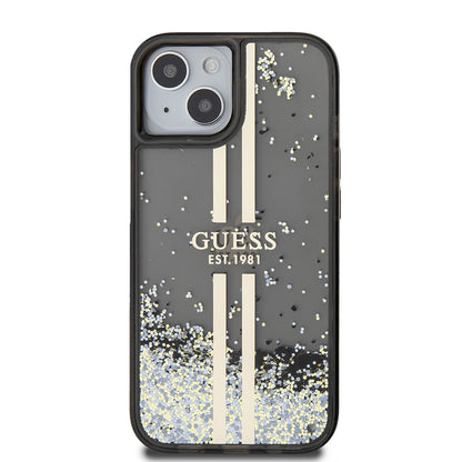 Skal för Apple iPhone 15, Guess, Liquid Glitter Gold Stripes, Svart