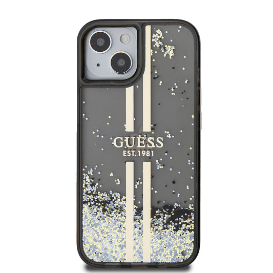 Skal för Apple iPhone 15, Guess, Liquid Glitter Gold Stripes, Svart