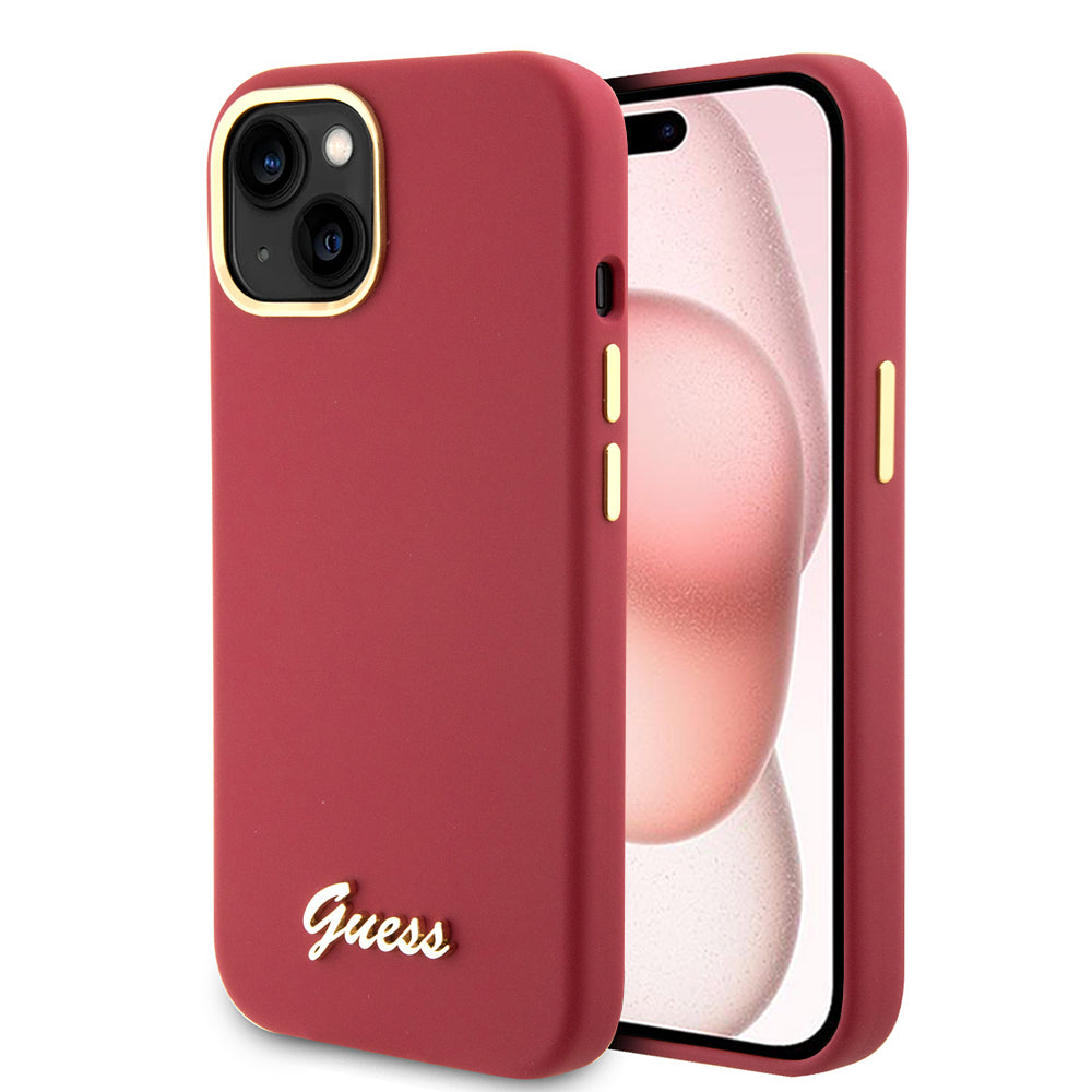 Fodral för Apple iPhone 15, Guess, Script Metal Logo & Frame, Rosa