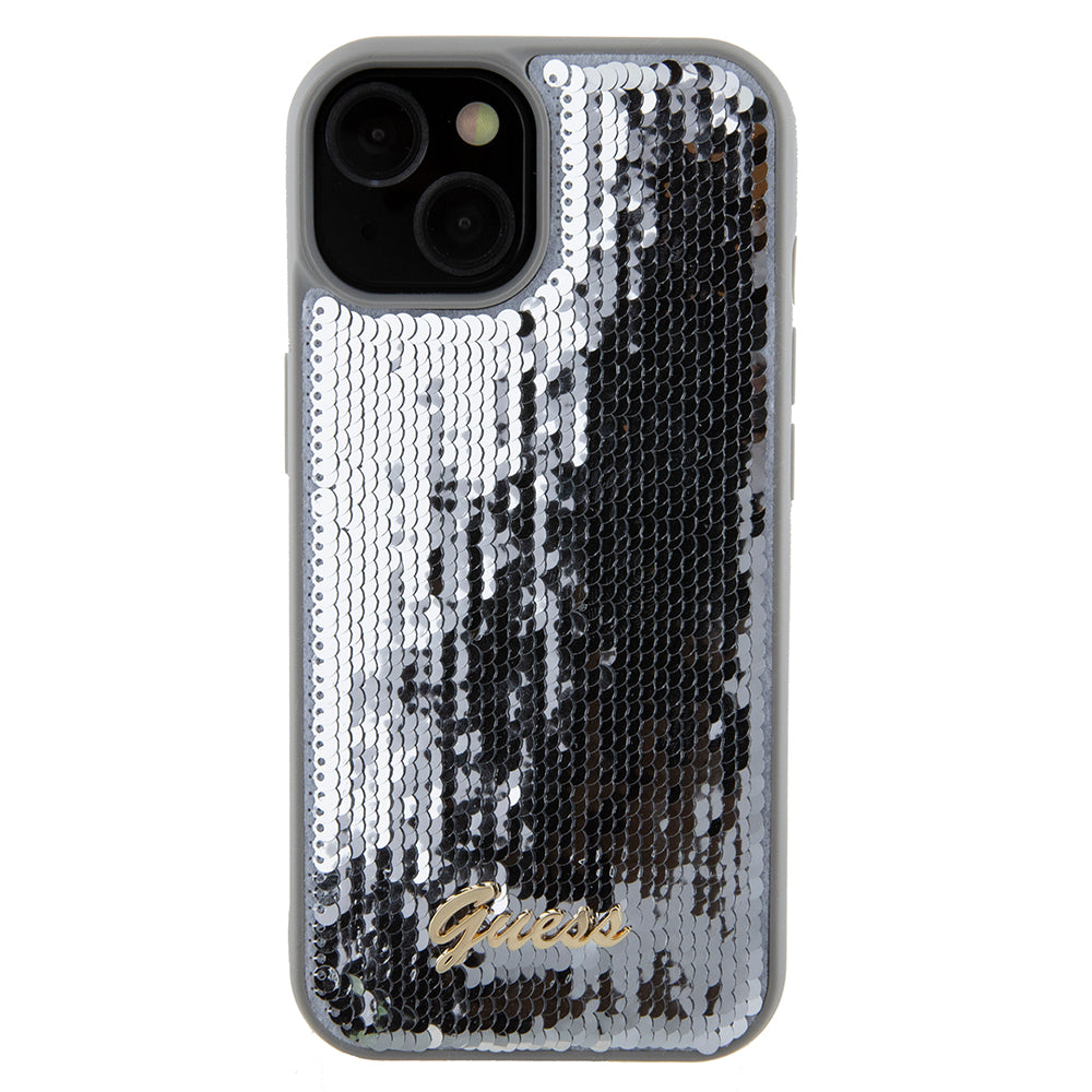 Skyddsfodral för Apple iPhone 15, Guess, Sequin Script Metal, Silver