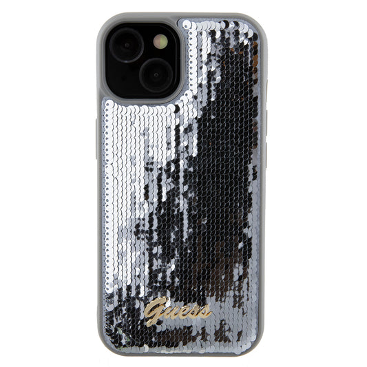 Skyddsfodral för Apple iPhone 15, Guess, Sequin Script Metal, Silver
