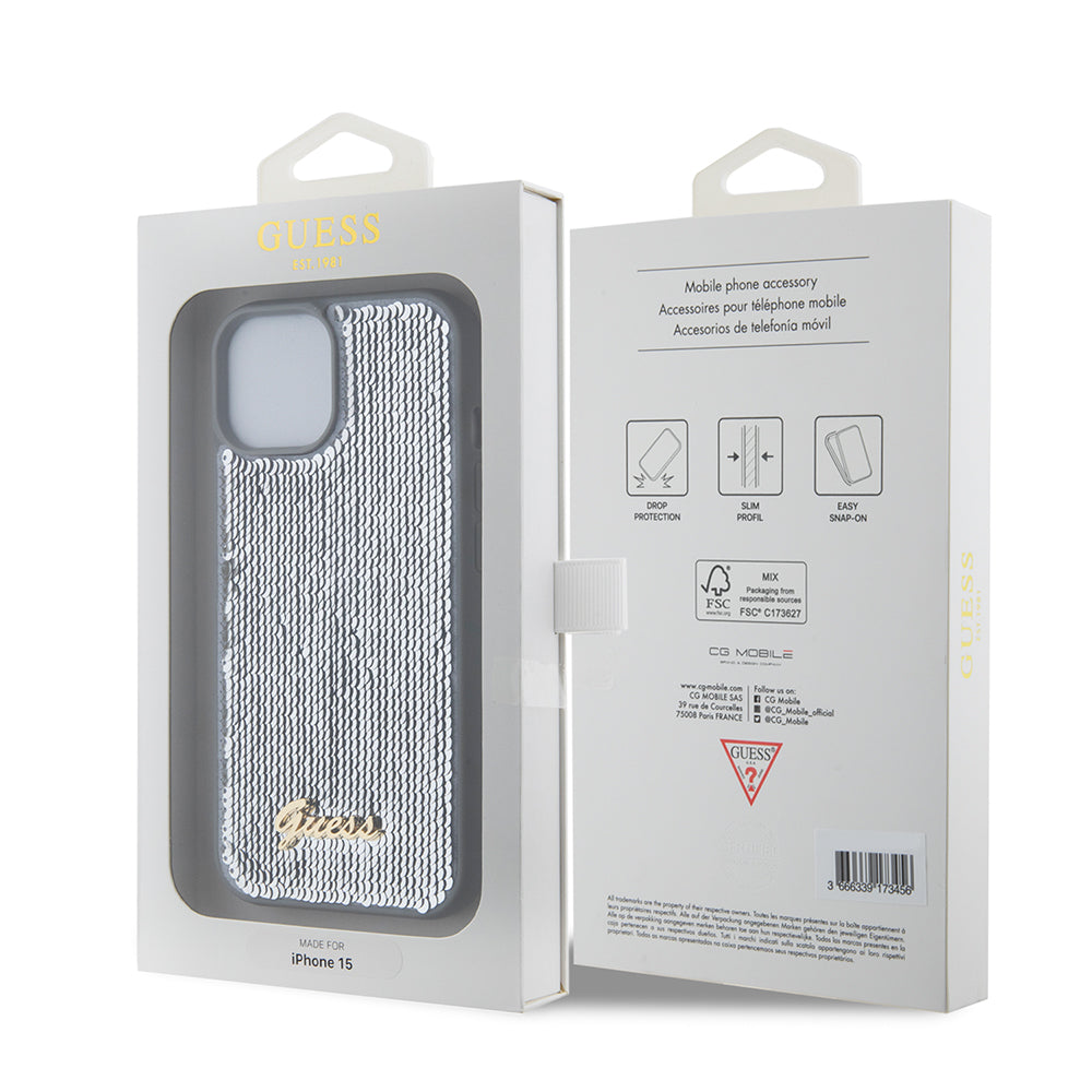 Skyddsfodral för Apple iPhone 15, Guess, Sequin Script Metal, Silver