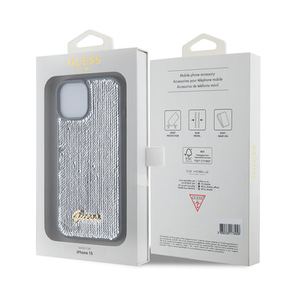 Skyddsfodral för Apple iPhone 15, Guess, Sequin Script Metal, Silver