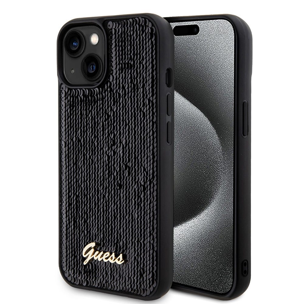 Fodral för Apple iPhone 15, Guess, Sequin Script Metal, Svart
