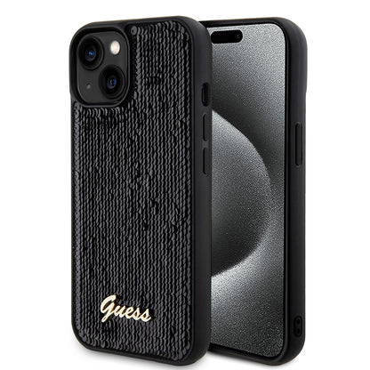 Fodral för Apple iPhone 15, Guess, Sequin Script Metal, Svart