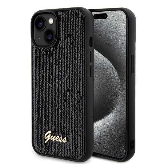 Fodral för Apple iPhone 15, Guess, Sequin Script Metal, Svart