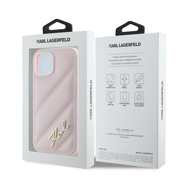 Fodral för Apple iPhone 15, Karl Lagerfeld, Diagonal Quilted Script, Rosa