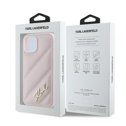 Fodral för Apple iPhone 15, Karl Lagerfeld, Diagonal Quilted Script, Rosa