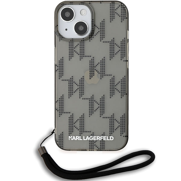 Fodral för Apple iPhone 15, Karl Lagerfeld, IML Luxury Monogram KL Pattern with Strap, Svart