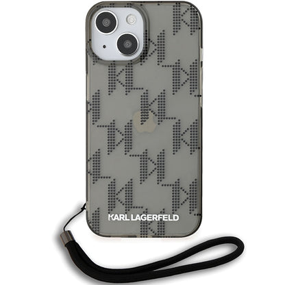 Fodral för Apple iPhone 15, Karl Lagerfeld, IML Luxury Monogram KL Pattern with Strap, Svart