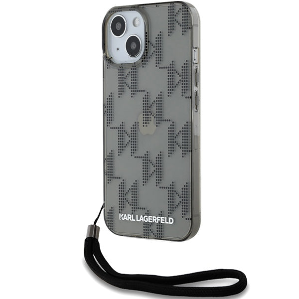 Fodral för Apple iPhone 15, Karl Lagerfeld, IML Luxury Monogram KL Pattern with Strap, Svart