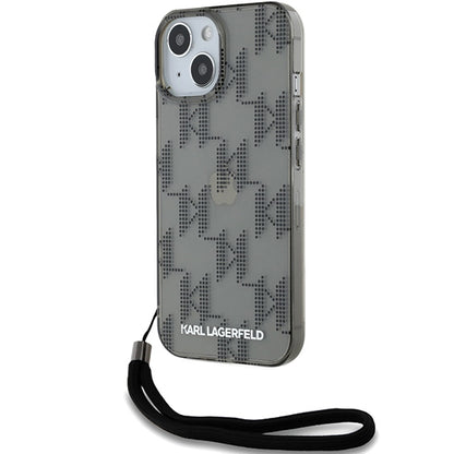 Fodral för Apple iPhone 15, Karl Lagerfeld, IML Luxury Monogram KL Pattern with Strap, Svart