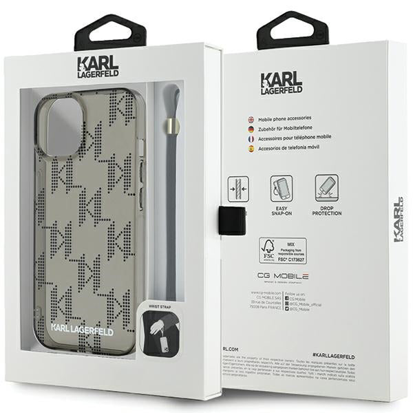 Fodral för Apple iPhone 15, Karl Lagerfeld, IML Luxury Monogram KL Pattern with Strap, Svart