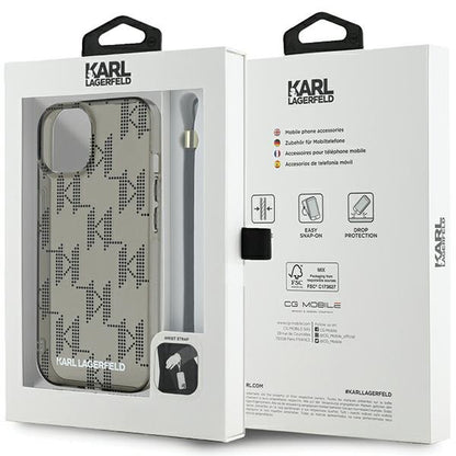 Fodral för Apple iPhone 15, Karl Lagerfeld, IML Luxury Monogram KL Pattern with Strap, Svart
