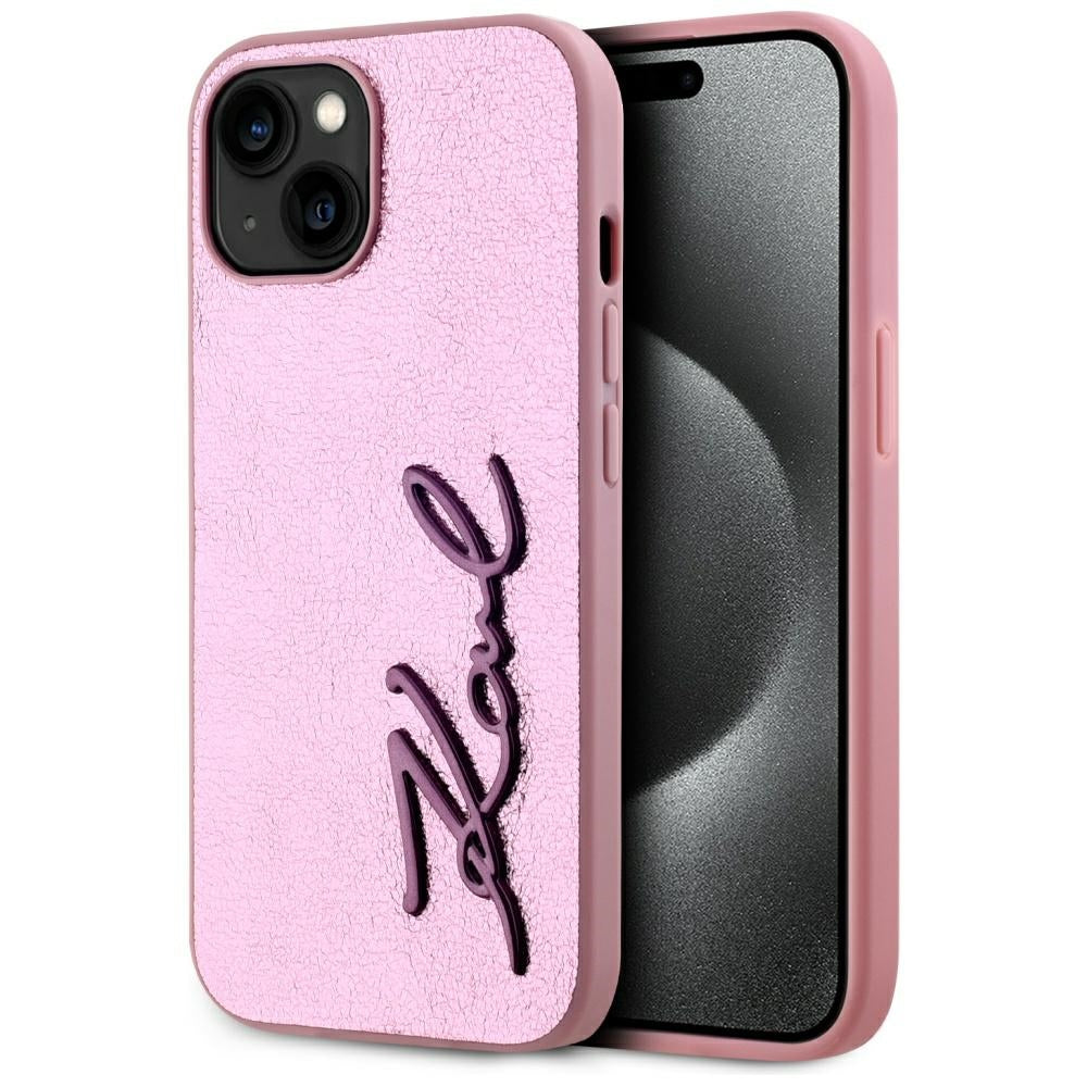 Fodral för Apple iPhone 15, Karl Lagerfeld, Metal Signature, Rosa