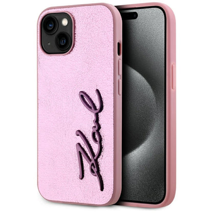 Fodral för Apple iPhone 15, Karl Lagerfeld, Metal Signature, Rosa