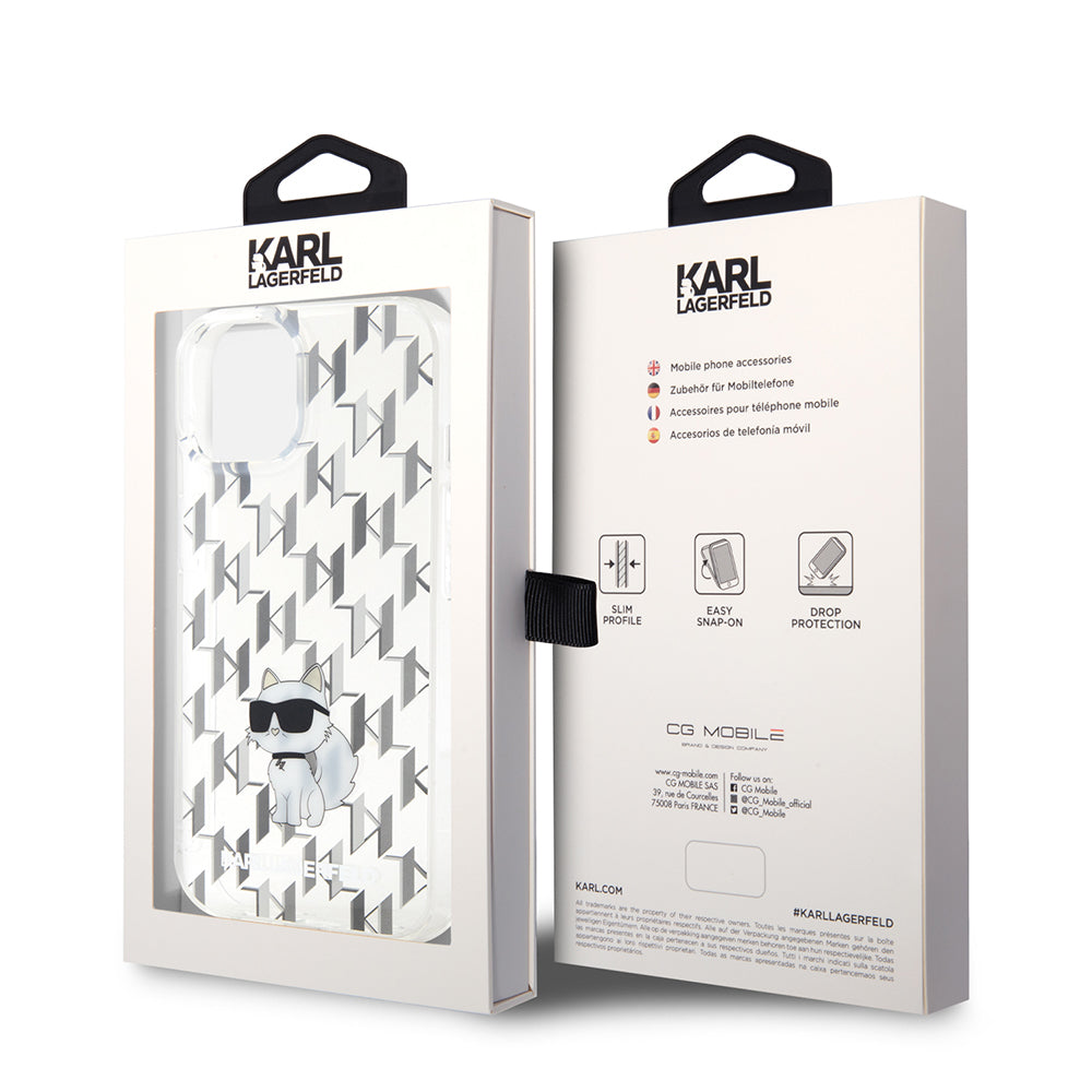 Fodral för Apple iPhone 15, Karl Lagerfeld, Monogram Choupette, Transparent