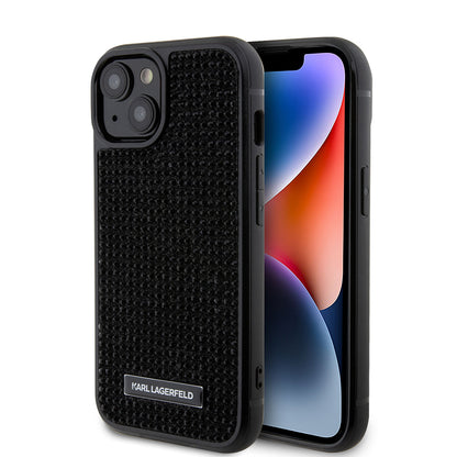 Skalet för Apple iPhone 15, Karl Lagerfeld, Rhinestone Metal Plate, Svart