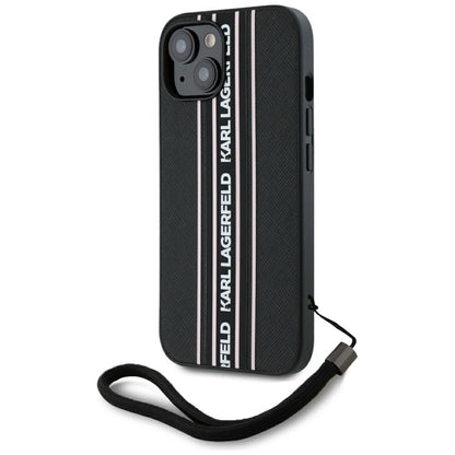 Fodral för Apple iPhone 15, Karl Lagerfeld, Saffiano Athleisure Stripes with Strap, Rosa