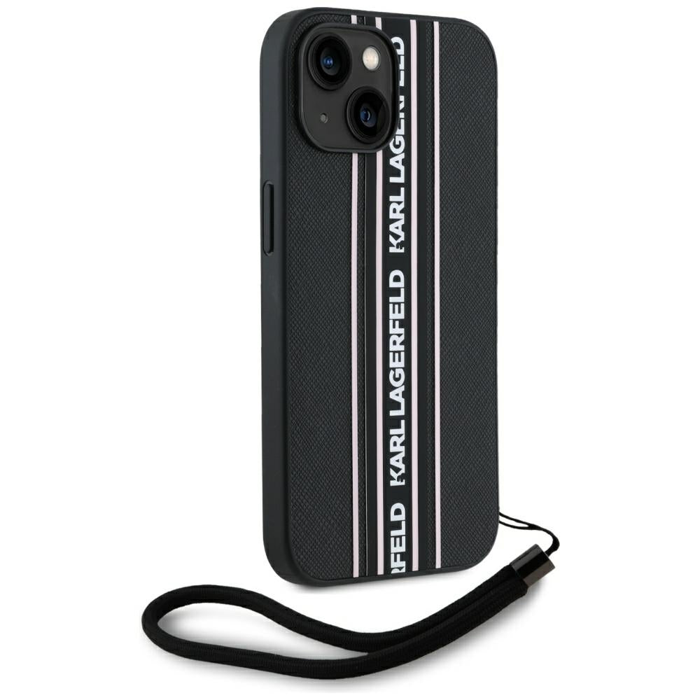 Fodral för Apple iPhone 15, Karl Lagerfeld, Saffiano Athleisure Stripes with Strap, Rosa