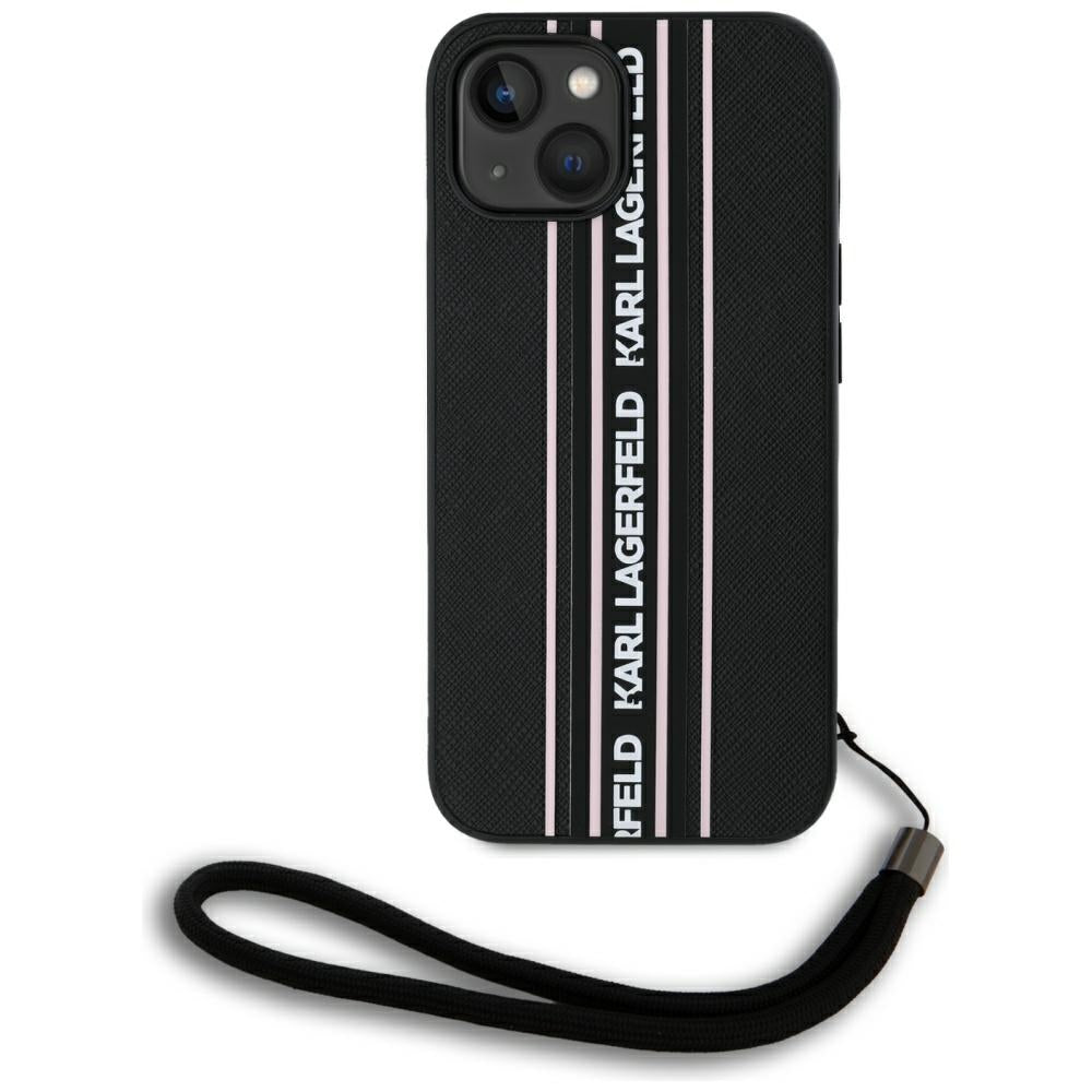 Fodral för Apple iPhone 15, Karl Lagerfeld, Saffiano Athleisure Stripes with Strap, Rosa