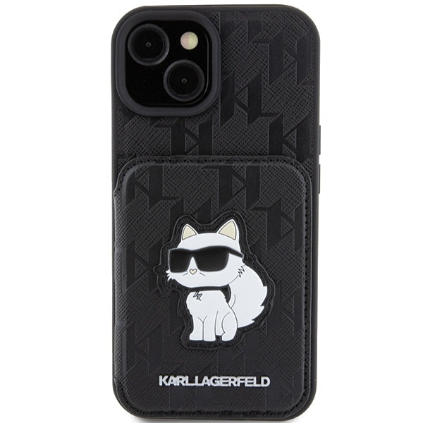 Fodral för Apple iPhone 15, Karl Lagerfeld, Saffiano Cardslots and Stand Monogram Choupette, Svart