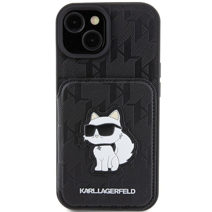 Fodral för Apple iPhone 15, Karl Lagerfeld, Saffiano Cardslots and Stand Monogram Choupette, Svart