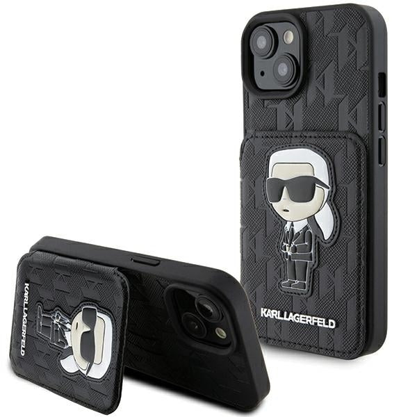 Case for Apple iPhone 15, Karl Lagerfeld, Saffiano Cardslots and Stand Monogram Ikonik Karl, Black
